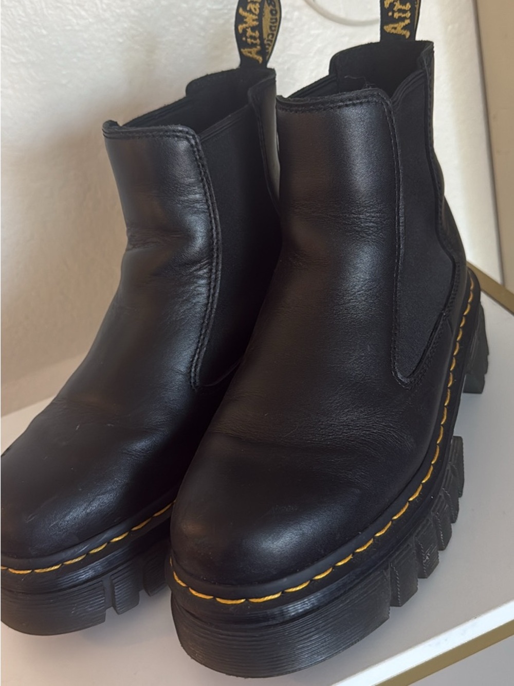 Dr. Martens Black Leather Lug Sole Chelsea Boots with Yellow Stitching